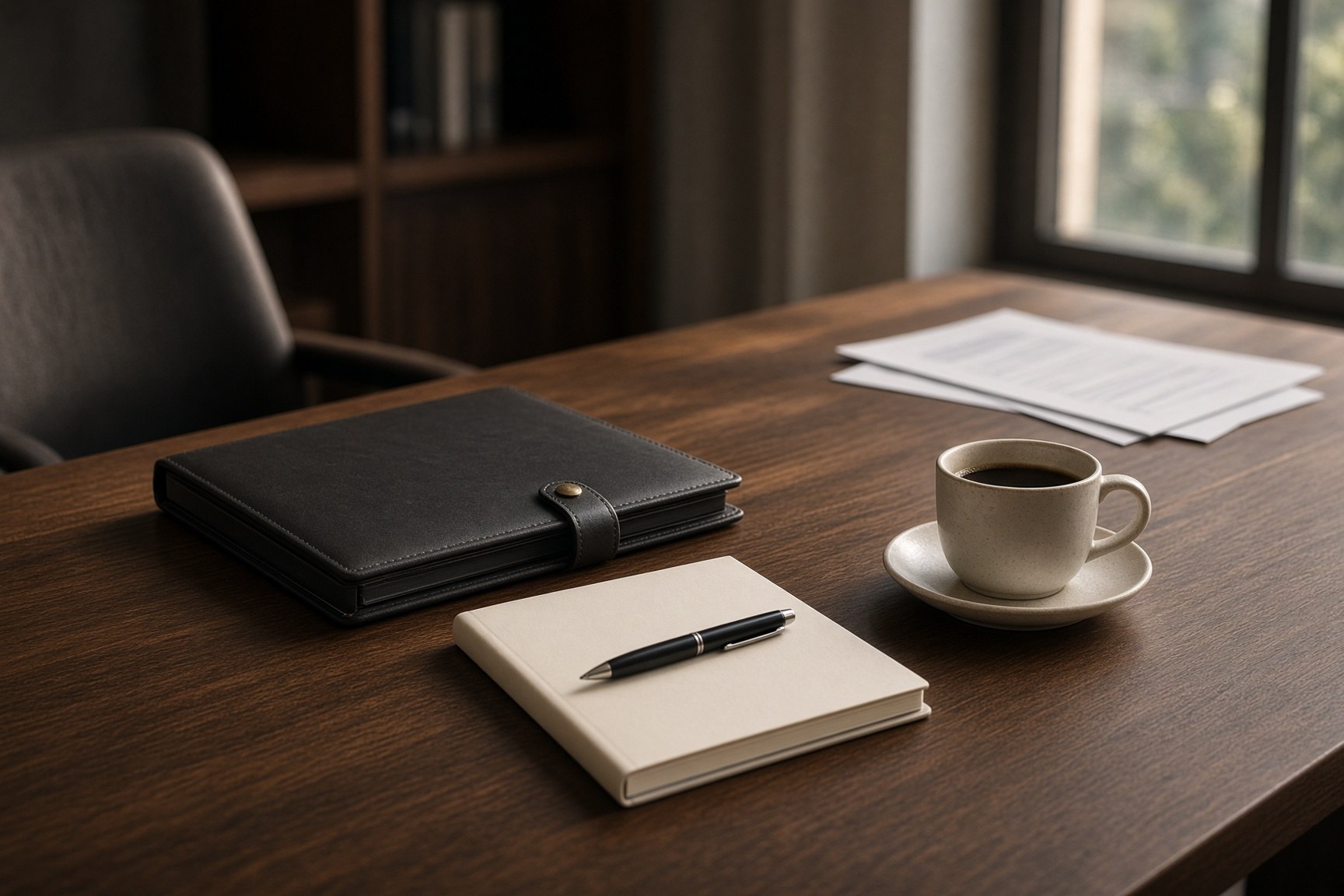 A quiet desk with a notebook and pen